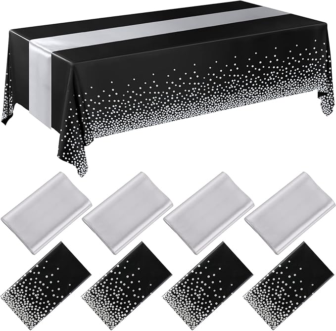 Breling 8 Pack Black and Silver Disposable Plastic Tablecloths and Satin Table Runner Set, 54 x 108 Inch Tablecloth, 12 x 108 Inch Table Runners for Wedding Graduation Birthday Baby Shower New Year
