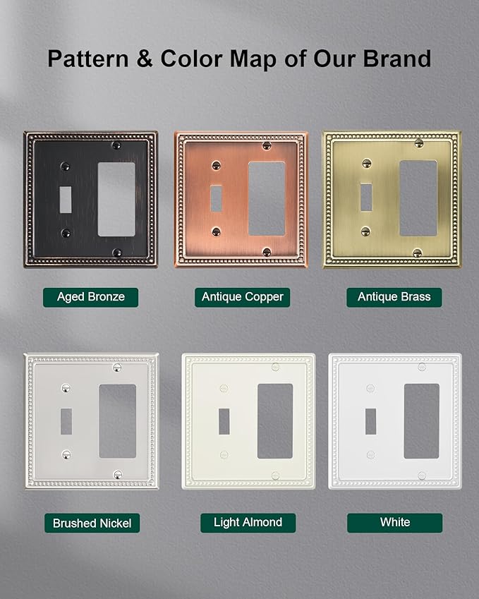 2-Pack Combo Toggle/Decorator Light Switch Cover Plate, Pearls Decorative Electrical Outlet Covers, Metal Wall Switch Plates and Outlet Covers, Antique Copper