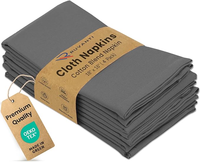 Ruvanti Cloth Napkins Set of 4, 18x18 Inches Napkins Cloth Washable, Soft, Durable, Absorbent, Cotton Blend. Table Dinner Napkins Cloth for Hotel, Lunch, Restaurant, Wedding Parties - Charcoal Grey
