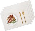 Bamboo Placemats with Fabric Border Set of 4 Natural Bamboo Rectangular Rolling Table Mats for Dining Kitchen Table Heat Resistant Table Protection White