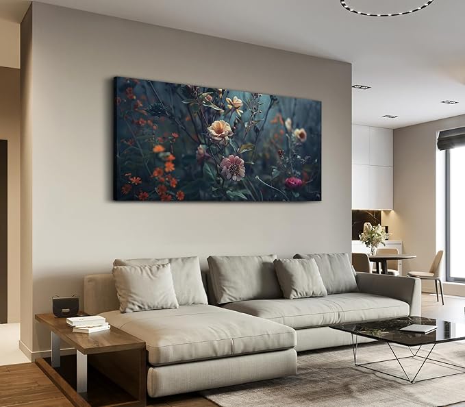 ADJUVANT Wall Art Impressionist Floral 48"L x 24"W, Dark Toned Blossoms With Lush Foliage Canvas Painting Enchanting Flowers Artwork Prints Floral Wall Decor for Living Room Bedroom Study Home Office
