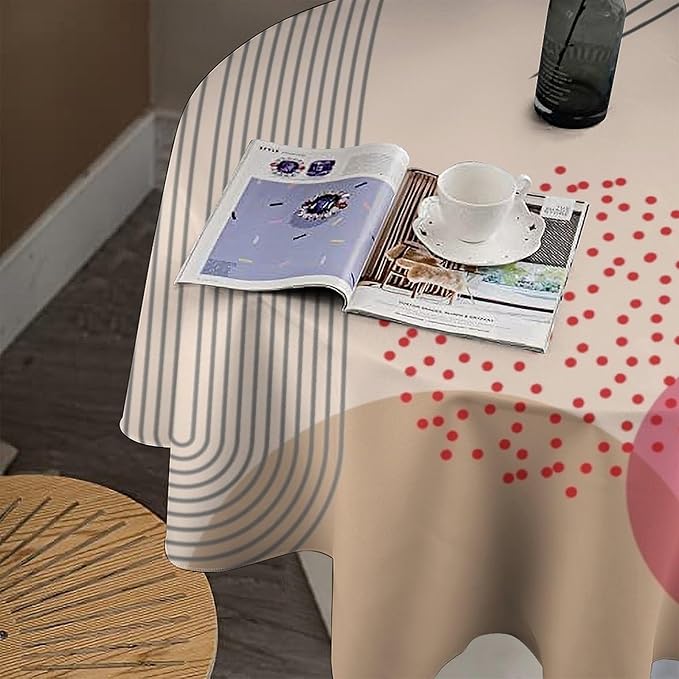 Mid Century Boho Round Tablecloth, Abstract Modern Sun Arch Curve Leaves Geometric Print Tablecloth for Home Party Dining Room Kitchen Decor 70Inch(178cm)
