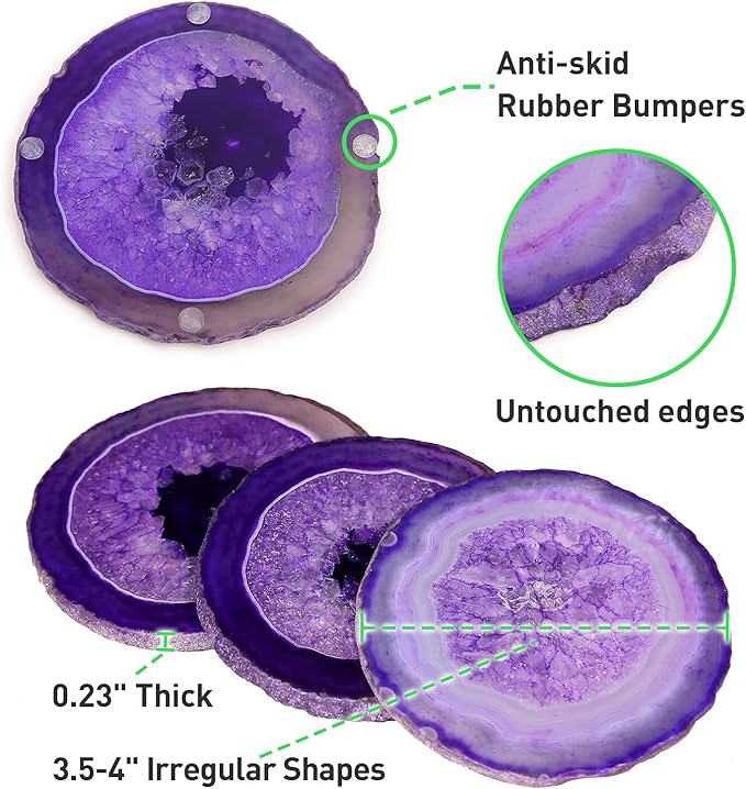 Agate Coaster Set of 4, 3.5-4" Natural Geode Stone Coasters for Drinks Coffee Table Decor Agate Slices Glass Cups Holder for Home Guest Room Housewarming Birthday Gift (Purple)