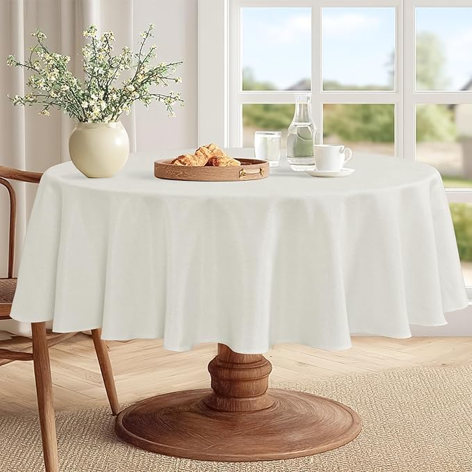 JIUZHEN Round Table Cloth Faux Linen Farmhouse Tablecloth Wrinkle and Stain Resistant Decorative Fabric Table Cover for Kitchen, Dining Room, Parties and Camping, White, 60 Inch Round