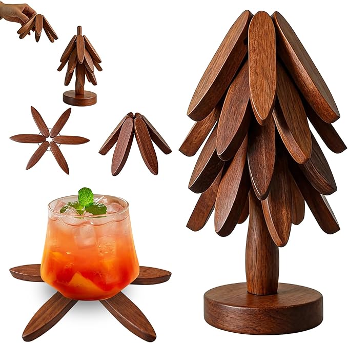 Wooden Trivets for Hot Dishes, Wooden Tree Trivet Set, Natural Tree Trivet Set - Foldable Coasters for Kitchen Counter, Hot Pots and Pans, Heat Resistant Table Protectors