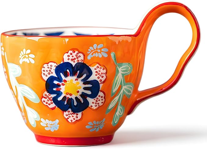 25oz Ceramic Soup Bowl with Handle – Handcrafted Floral Pottery Cereal & Ramen Bowl – Large Microwave & Dishwasher Safe Decorative Bowl for Everyday Use or Gift (Sunset Fiesta, 20oz)