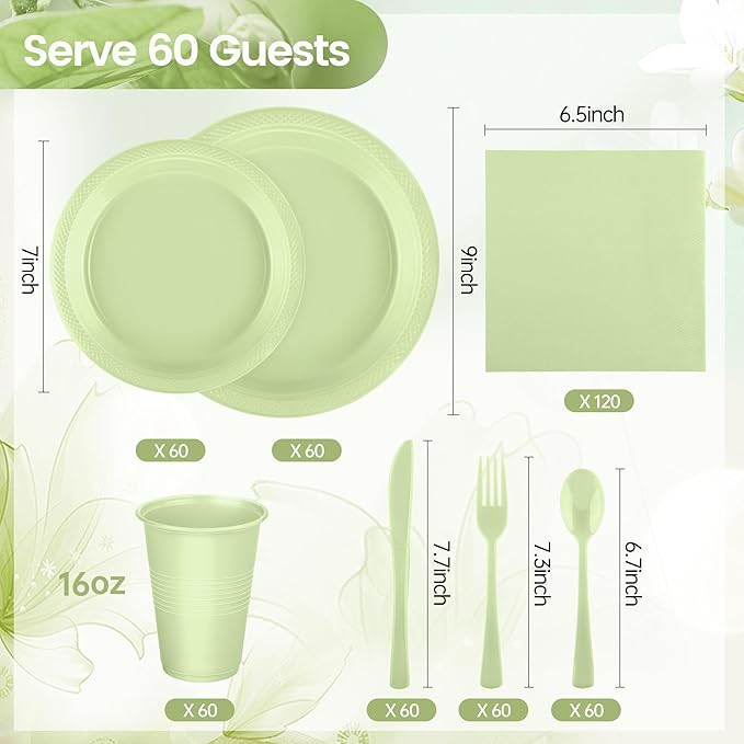 Kochorie 480 Pieces Sage Green Plastic Dinnerware Set Disposable Heavy Duty Plates Napkins Cups Silverware Dessert Dinner Plates for Birthday Wedding Baby Shower Party Supplies, Serves 60 Guests