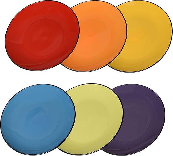 Klikel 6 Pack of Colored Salad Plates - Dishwasher And Microwave Safe Ceramic 8" Plate Set - Black Outside With Color Inside