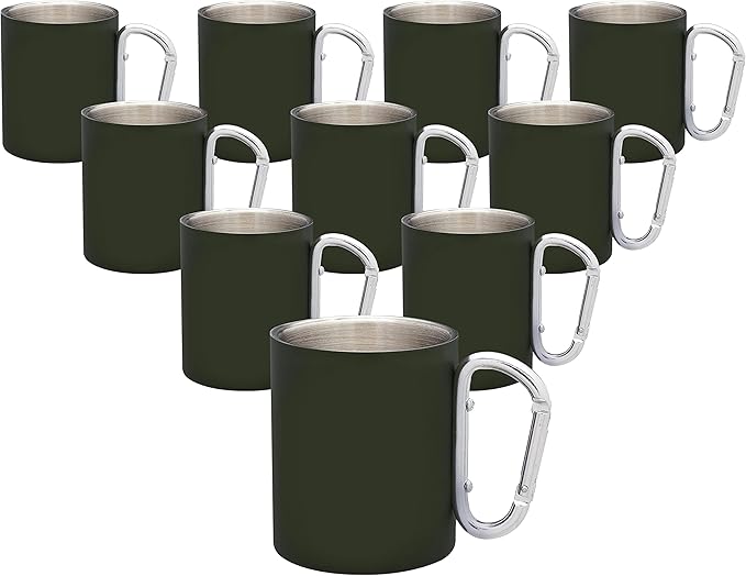 DISCOUNT PROMOS Stainless Steel Mugs with Carabiner Handle 10 oz. Set of 10, Bulk Pack - Perfect for Coffee, Soda, Other Hot & Cold Beverages - Army Green