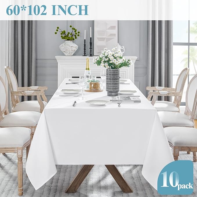 VidaFete Tablecloth 60 * 102inch 10 Pack Rectangle Table Cloth Polyester, Stain Wrinkle Resistant Dining Table Cover for Kitchen Dinning Party Wedding Rectangular Tabletop Buffet Decoration(White)