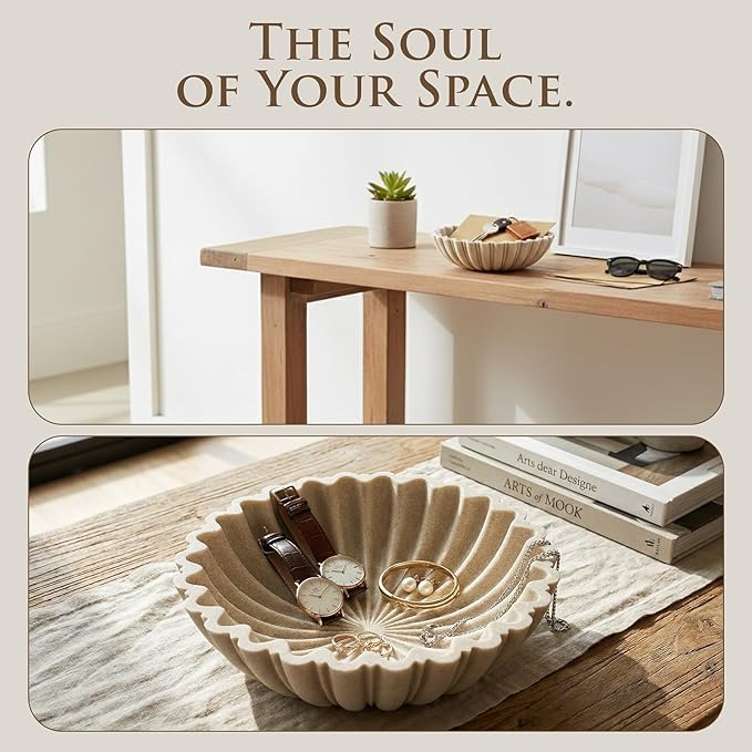 Modern Decorative Bowl for Home Decor - 10.6” Large Beige Resin & Sandstone Centerpiece Bowl for Entryway Table, Coffee Table, Kitchen Counter or Serving Fruit, Includes 10PCS Artificial Moss Rocks