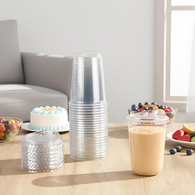 25 Sets 16 oz Clear Plastic Cups with Strawless Sip Lids, Thickened Clear Disposable Plastic PET Crystal Cups for Iced Coffee, Smoothie, Cold Beverage, Drink Shops and Party Catering