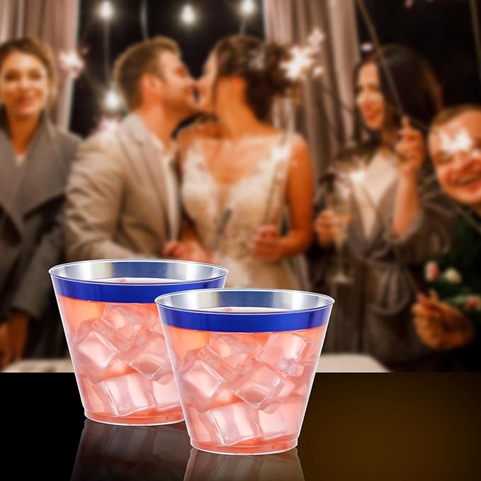 DaYammi 120Pcs 9 Oz Blue Plastic Cups Disposable Clear Plastic Party Cups with Blue Rim Heavy Duty Disposable Wine Glasses Fancy Hard Drinking Tumblers plastic Cocktail Cups for Wedding Party
