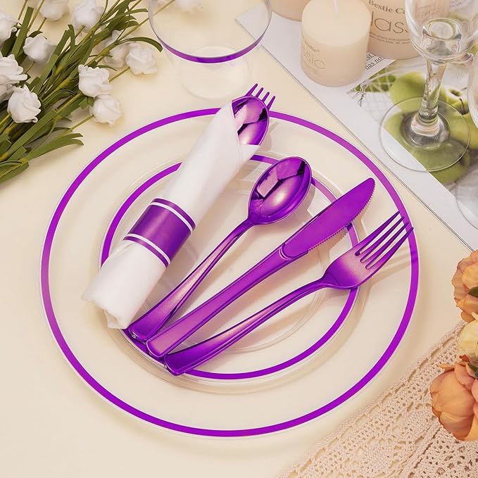 BESTSTAR 350PCS Clear and Purple Disposable Plates Set for 50 Guests, 100 Plastic Plates, 50 Plastic Cups, 50 Pre-Rolled Napkins with Cutlery for Party, Birthday, Wedding, Thanksgiving, Christmas