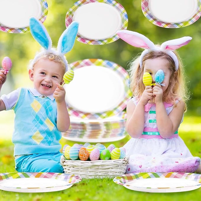 50Pcs Easter Oval Paper Plates 10" x 12" Large Disposable Heavy Duty Color Easter Buffalo Plaid Checkered Paper Platters Spring Rainbow Dessert Plates for Holiday Dinner Birthday Party Supplies