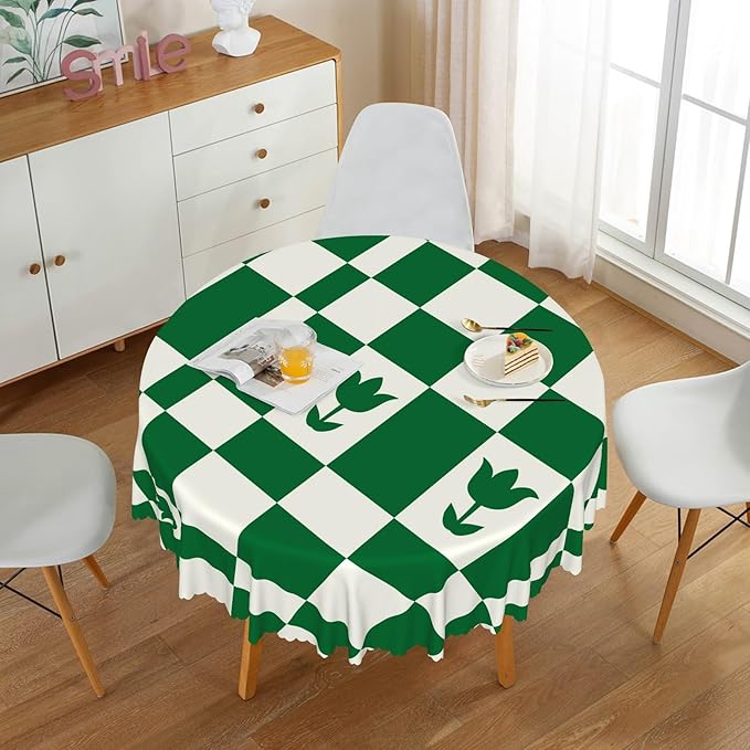 Laeacco 24 Inch Geometric Round Tablecloth Green White Plaid Square Flower Modern Abstract Art Print Table Cloth Washable Waterproof Wrinkle Free Table Cover for Kitchen Dining Picnic Party Decor