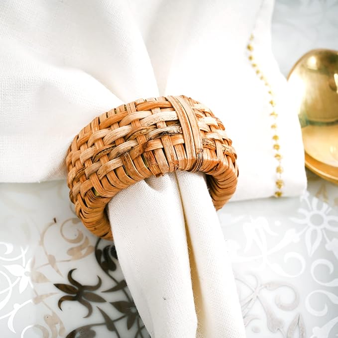 CLEENTABLE Rustic Napkin Rings Set of 12 - Elegant Round Cane Napkin Rings, Easy to Clean, Durable Versatile for Table Settings, Special Occasion, Easter Table Decor & Gift Giving Ideas (Natural)