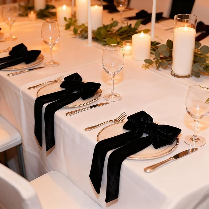 Bow Napkin Rings Set of 6 Luxury Soft Black Velvet Napkin Holders, Elegant Bow Design for Christmas Holiday Dinner Wedding Party Table Decor