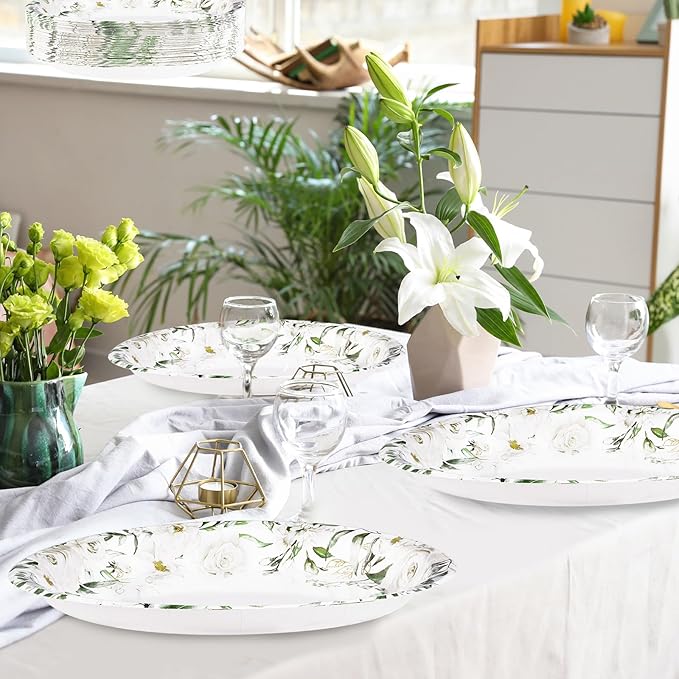 50PCS White Floral Oval Paper Plates 10"X12" Eucalyptus Flower Plates Disposable Heavy Duty Green Leaves White Flowers Tablewre Spring Blossom Flowers Dinnerware for Wedding Birthday Bridal Shower
