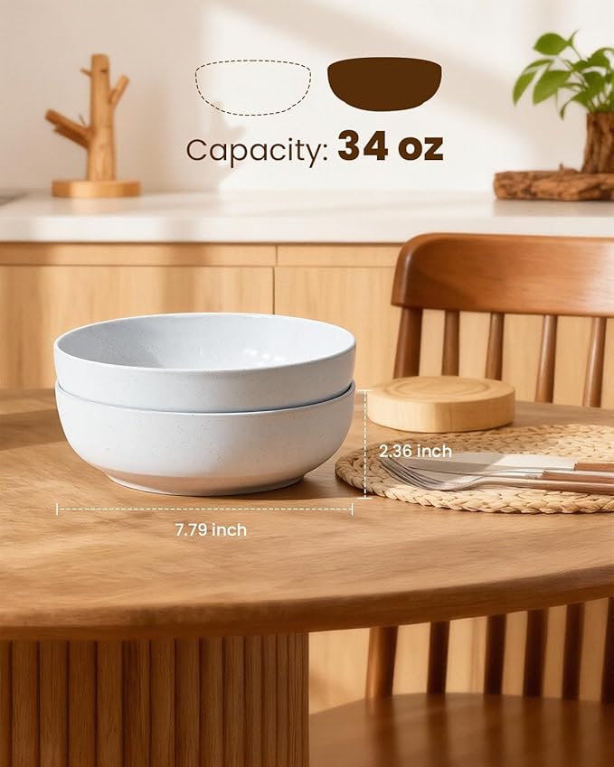 Pasta Bowls Set of 4, 34oz Speckled Ceramic Bowls Set for Serving Salad, Pasta, Soup, Dinner, 8" Wide and Deep Bowls, Dishwasher & Microwave Safe, Matte Terracotta Base (Gray White)