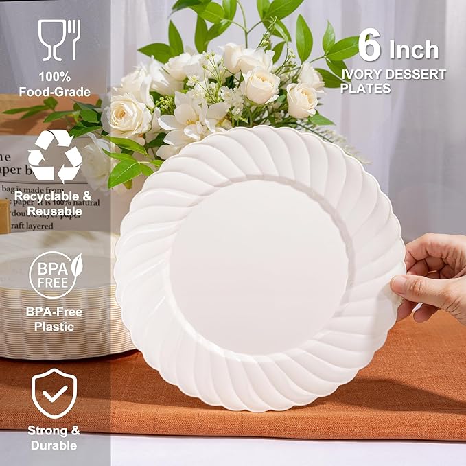 U-QE 100 Count 6 Inch Ivory Plastic Plates - Scalloped Dessert Plates Disposable - Premium Fancy Disposable Heavy Duty Party Supplies for Valentine's Day, Celebrations, Weddings and Events