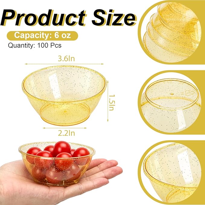 WUWEOT 150 Pack Gold Glitter Mini Plastic Bowls, 6Oz Disposable Dessert Bowls, Round Serving Bowl Small Party Snack Salsa Containers for Wedding Baby Shower Birthday Party