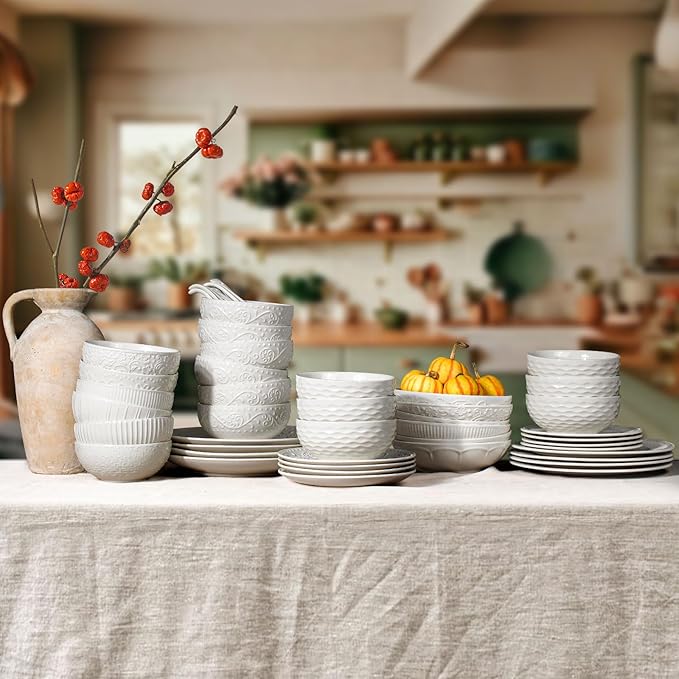 Artena Cereal Bowls 26 OZ, Ceramic Soup Bowls For Kitchen, Embossment Bowls For Rice Pasta Salad, White Bowls For Breakfast Lunch Dinner, 6 Inch, Set Of 6, Dishwasher & Microwave Safe, Seawave