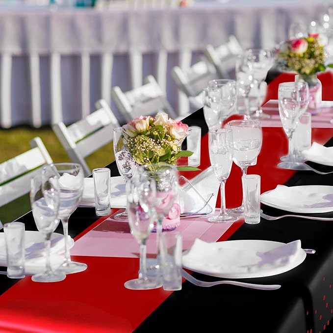Breling 8 Pack Black and Red Disposable Plastic Tablecloths and Satin Table Runner Set, 54 x 108 Inch Tablecloth, 12 x 108 Inch Table Runners for Wedding Graduation Birthday Baby Shower
