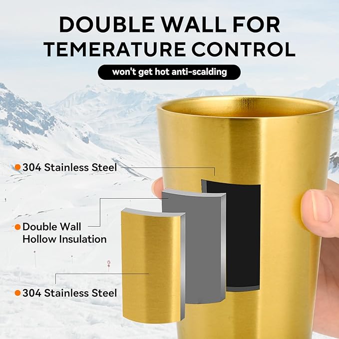 5 Pcs 12 oz Small Metal Cup, Double Wall Vacuum Stainless Steel Insulated Cup, Reusable Camping Cups Unbreakable Indoor Outdoor for Party, Home, Office, BBQ, Gold