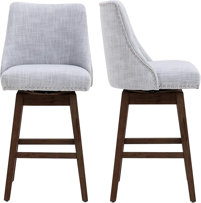 27.5" Counter Height Bar Stools Set of 2, Linen Fabric Mid Century Modern Swivel Barstool with Back & Wood Legs Comfy Upholstered Counter Chairs for Home Bar/Dining Room/Restaurant, Grey