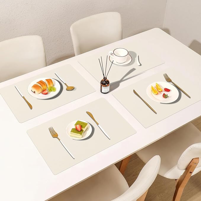 Faux Leather Placemats Set of 6, Heat Resistant Wipeable Washable Vinyl Place Mats, Waterproof Anti-Slip Dining Table Mats, Suitable for Indoor & Outdoor Use (Ivory White)