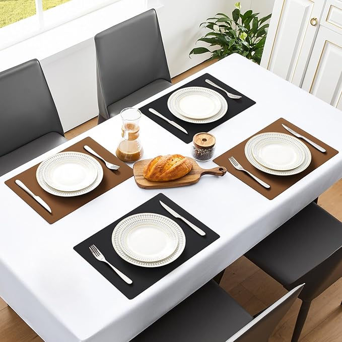 MOSAYT Vinyl Placemats Set of 8, Heat Resistant Place Mats 100% Waterproof Washable & Wipeable Faux Leather Reversible Table Mats for Kitchen Dining Party Indoor Outdoor, 12" x 17", Black/Brown