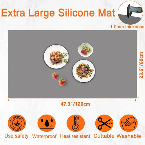 47.3''x23.6''(120cmx60cm) Extra Large Silicone Mat for Kitchen Counter, Heat Resistant Countertop Protector, Non-Slip Waterproof Kitchen Island Mat, Easy to Clean, Lake Blue