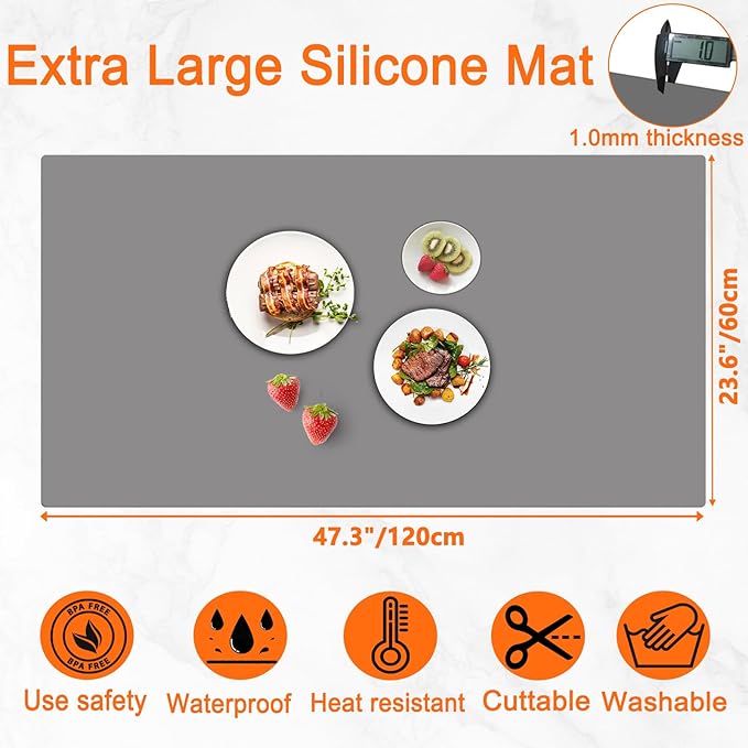 47.3''x23.6''(120cmx60cm) Extra Large Silicone Mat for Kitchen Counter, Heat Resistant Countertop Protector, Non-Slip Waterproof Kitchen Island Mat, Easy to Clean, Semitransparent