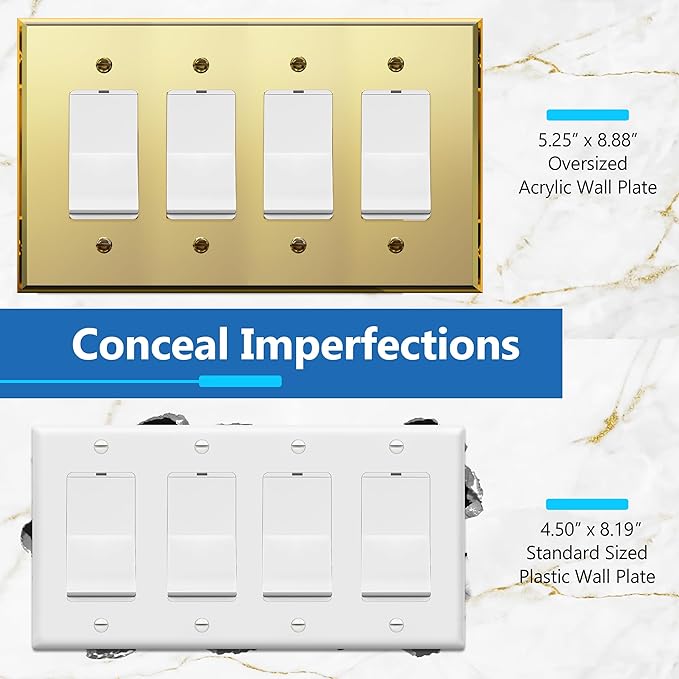LIDER Reflective Acrylic Decorator Wall Plate, Mirrored Light Switch Plate, Plexiglass Outlet Cover, Acrylic Glass, Oversized 4-Gang 5.25" x 8.88", LWP-34O-AGD5P, Gold, 5 Pack
