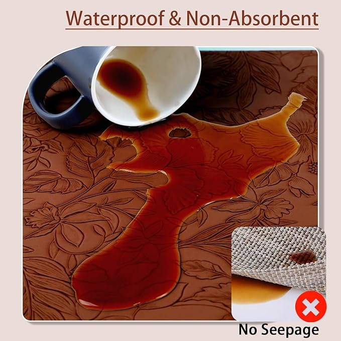 SolaraDawn Faux Leather Table Placemats Set of 6, Washable, Wipeable & Heat-Resistant Table Mats, Waterproof Dining Place Mats with Embossed Texture for Kitchen & Dining, Caramel Brown, 17" × 12"