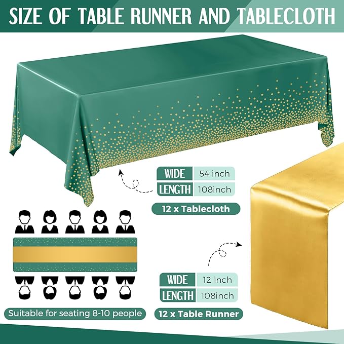 Breling 24 Pack Green and Gold Disposable Plastic Tablecloths and Satin Table Runner Set, 54 x 108 Inch Tablecloth, 12 x 108 Inch Table Runners for Wedding Graduation Birthday Baby Shower New Year