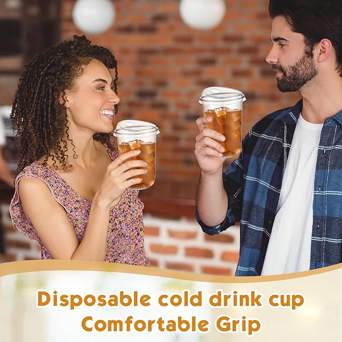 Baderke 100 Pcs Plastic Cups with Sip Lids Round Bottom Disposable Plastic Coffee Cups with Lids Clear Strawless Crystal Mugs for Iced Coffee Smoothie Cold Beverage Party Catering Supplies (16 oz)