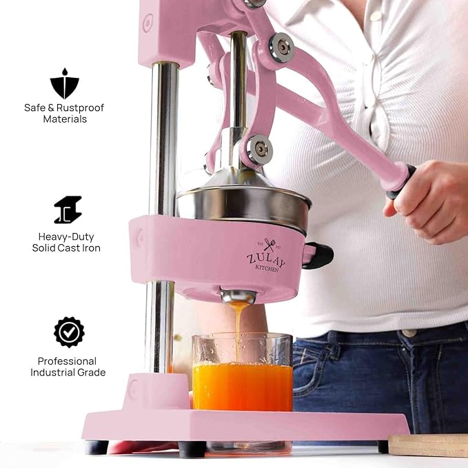Zulay Kitchen Cast-Iron Orange Juice Squeezer - Heavy-Duty, Easy-to-Clean, Professional Citrus Juicer - Durable Stainless Steel Lemon Squeezer - Sturdy Manual Citrus Press & Orange Squeezer (Pink)