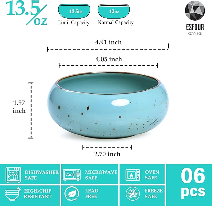 Small Hand Craft Dessert Bowls - 13.5oz, Set of 6 - Microwave, Oven, Dishwasher Safe, Ice Cream,Soup,Snacks, Rice, Cereal, Chili, Side Dishes, Dips, Ideal Gift - Natural Assorted Color