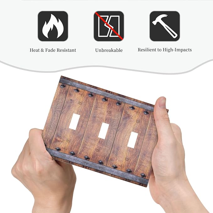 Light Switch Cover Rustic Farmhouse Barn Door Vintage Wood 3 Gang Wall Plate Triple Light Switch Plate Toggle Decorative Outlet Covers Electrical Switchplate for Bathroom Cabin Decor