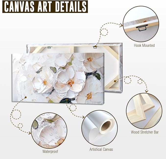 ADJUVANT Wall Art Impressionist Minimalist White Floral 48"L x 24"W, White Flowers With Subtle Tones Canvas Painting Delicate Petals Artwork Floral Wall Decor for Living Room Bedroom Bathroom Home Office