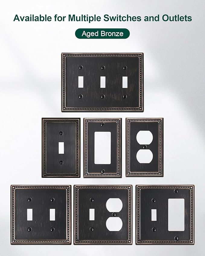 4-Pack Duplex Outlet Cover Plate, Aged Bronze Metal Wall Plates for Electrical Outlets, 1 Gang Receptacle Light Switch Cover, Pearls Decorative Switch Plates and Outlet Covers