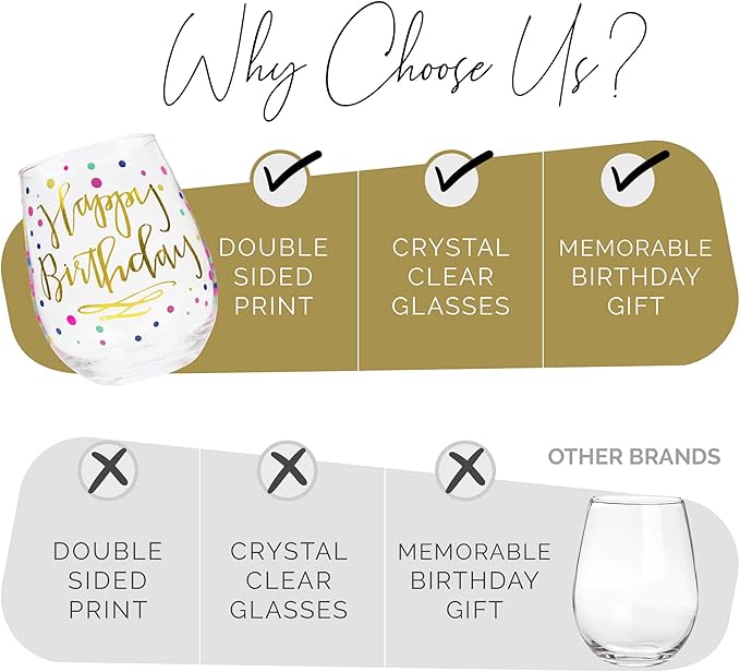Your Dream Party Shop Happy Birthday Wine Glass, 22oz Stemless with Gold Print - Gift for Adults and Women, Happy Birthday Cups For Women