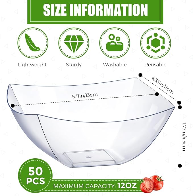 Tanlade 50 Pcs Square Plastic Serving Bowls Disposable Snack Salad Bowl Small Party Candy Bar Containers Taco Bar Serving Dishes for Buffet Chips Fruit (12 oz,Clear)