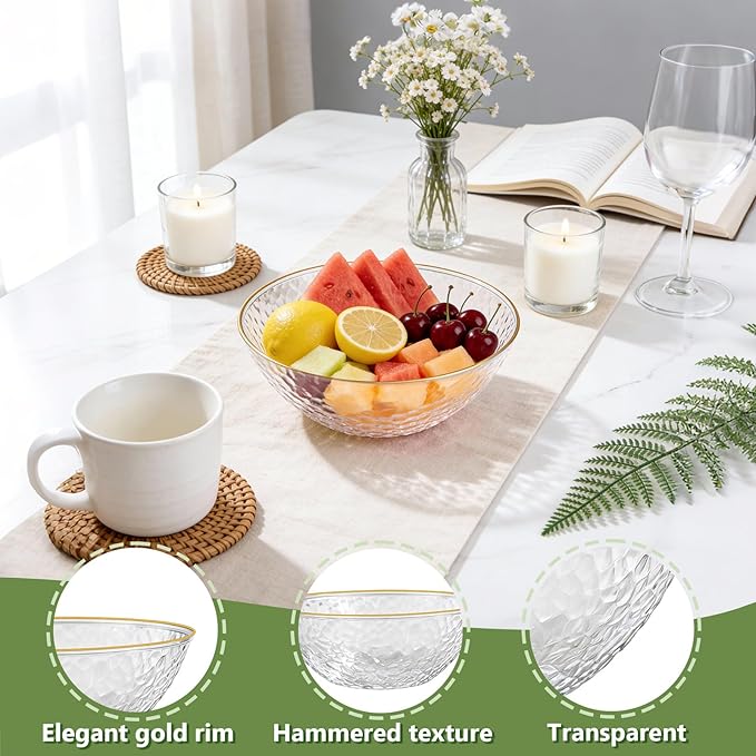 Tinybee 50 Pack Clear Plastic Bowls - Clear Disposable Bowls for Party with Gold Rim, 16-20oz Premium Hammered Bowls Disposable Heavy Duty, Plastic Salad Bowls for Milk Cereals, Snacks, Salads