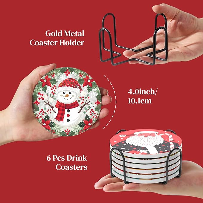 Christmas Coasters with Metal Holder Vintage Santa Drink Coasters Coasters Round Absorbent Ceramic Stone Coaster for Home Kitchen Table Decor Set of 6