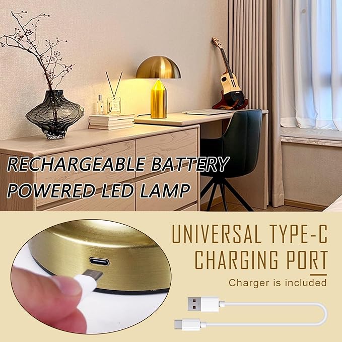 MIXL-Cordless Gold Mushroom Table Lamp,Battery Mushroom Night Light,Wireless Touch Nightstand Lamp,Mid Century Modern Table Lights for Living Room Bedroom