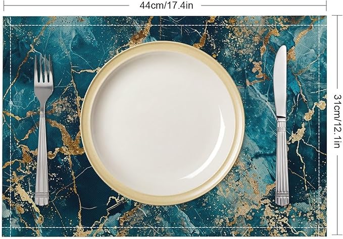 Marble Linen Placemats Set of 4, 12x17 Inch Abstract Modern Foil Stone Texture Blue Gold Marble Table Mats Washable Fabric Place for Party Kitchen Wedding Dining Banquets Decor