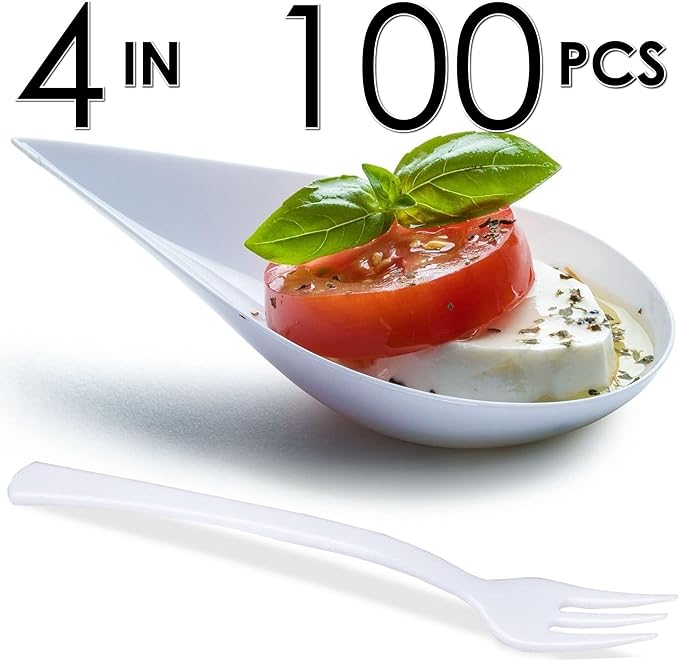 DLux 100 4-in Tear Drop Mini Appetizer Plates with Forks, Reusable White Plastic Spoons - Desserts and Appetizers Dishes Serving Plate - Asian Spoon Set, Small Catering Dessert Tasting Cups